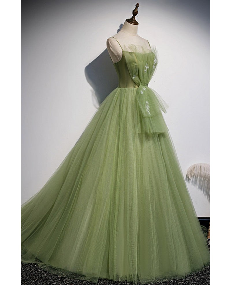 Robe de bal élégante verte à volants et bretelles en perles, sans manches, coupe trapèze, dos nu et longueur au sol