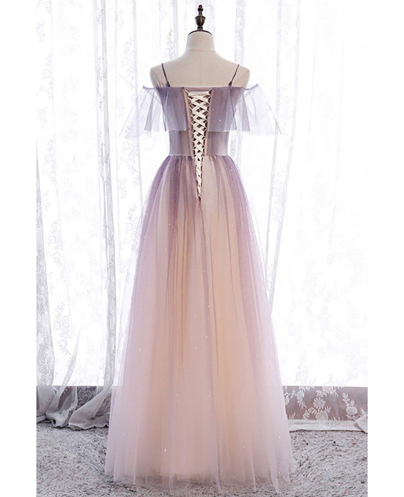 Edles, rückenfreies, bodenlanges Abendkleid in Lila und Champagner mit Farbverlauf und Schulterträgern sowie kurzen Ärmeln und Pailletten