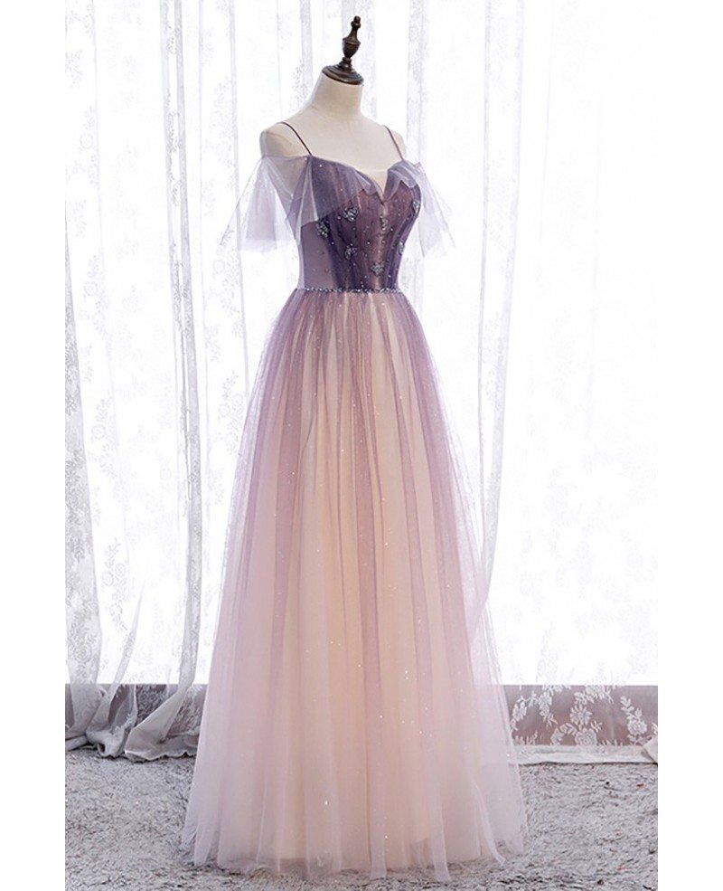 Edles, rückenfreies, bodenlanges Abendkleid in Lila und Champagner mit Farbverlauf und Schulterträgern sowie kurzen Ärmeln und Pailletten