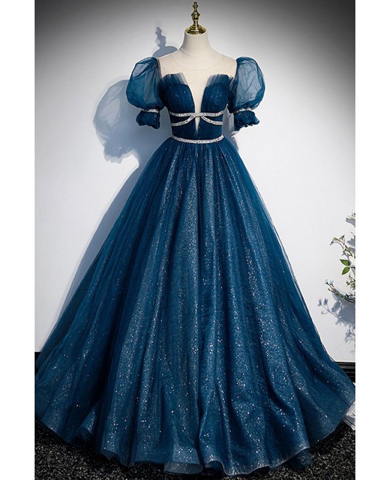 Robe de soirée élégante et unique à paillettes bleu mer, col rond bas, manches courtes et duveteuses, robe de soirée en gaze fine en forme de A, dos nu et longueur au sol, bleu mer