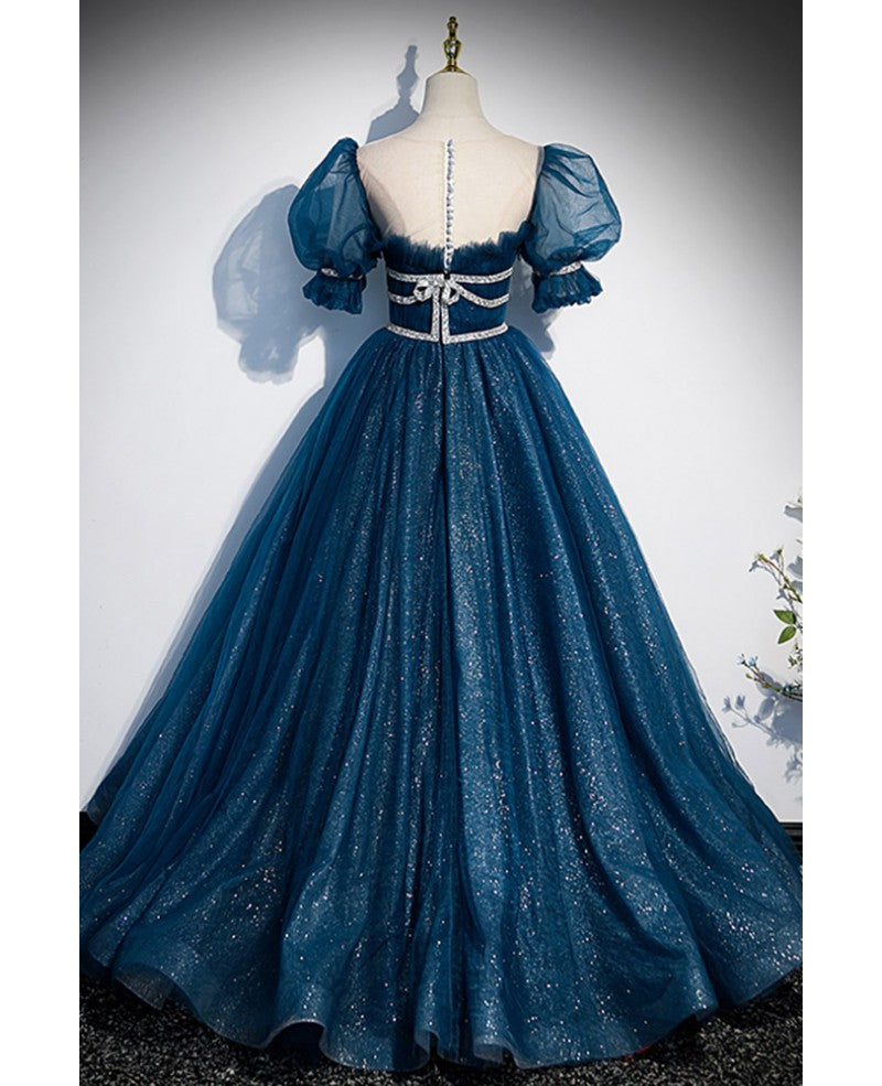 Robe de soirée élégante et unique à paillettes bleu mer, col rond bas, manches courtes et duveteuses, robe de soirée en gaze fine en forme de A, dos nu et longueur au sol, bleu mer