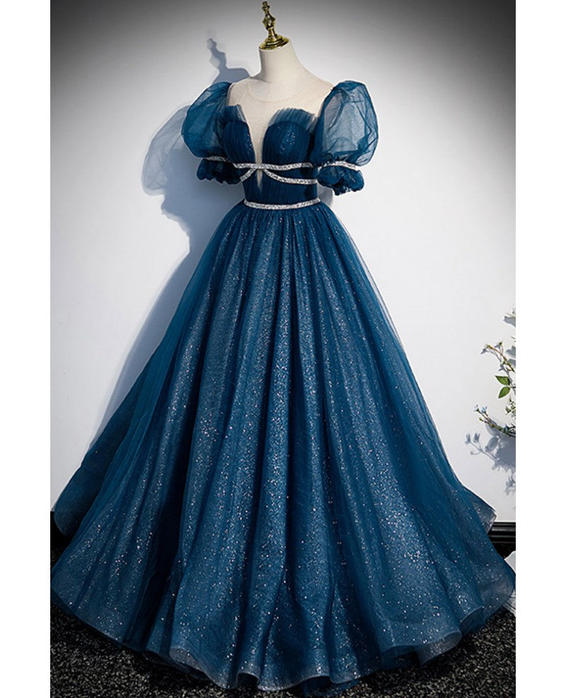 Robe de soirée élégante et unique à paillettes bleu mer, col rond bas, manches courtes et duveteuses, robe de soirée en gaze fine en forme de A, dos nu et longueur au sol, bleu mer
