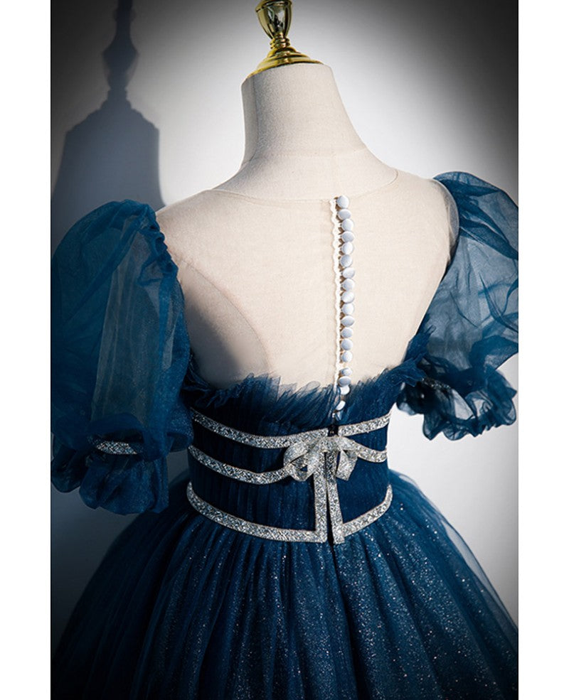 Robe de soirée élégante et unique à paillettes bleu mer, col rond bas, manches courtes et duveteuses, robe de soirée en gaze fine en forme de A, dos nu et longueur au sol, bleu mer