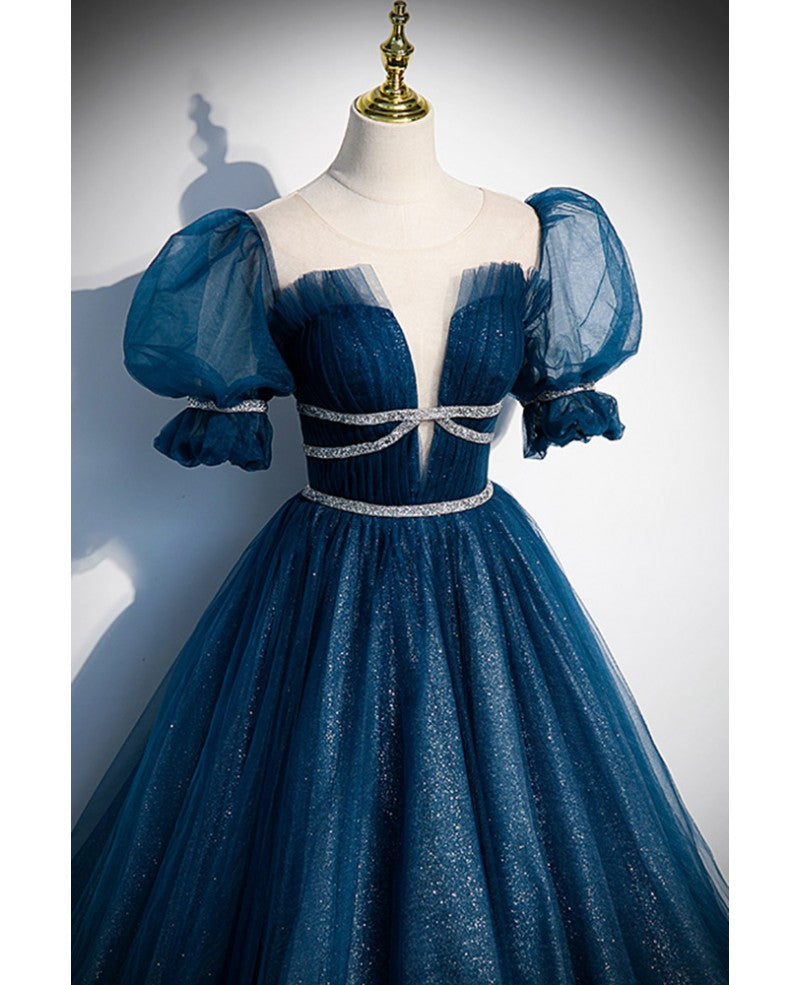 Robe de soirée élégante et unique à paillettes bleu mer, col rond bas, manches courtes et duveteuses, robe de soirée en gaze fine en forme de A, dos nu et longueur au sol, bleu mer