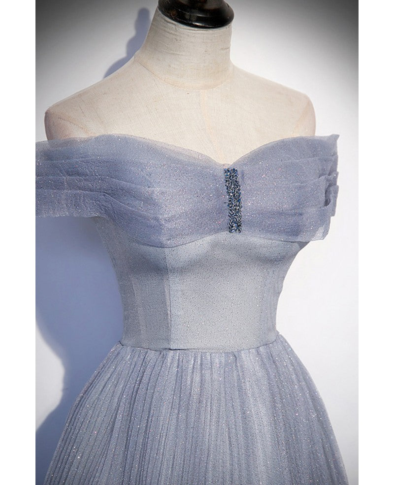 Robe de soirée élégante et noble en gaze fine brillante grise bleue à épaules dénudées, robe de soirée longue sans bretelles en forme de A, dos nu et longueur au sol