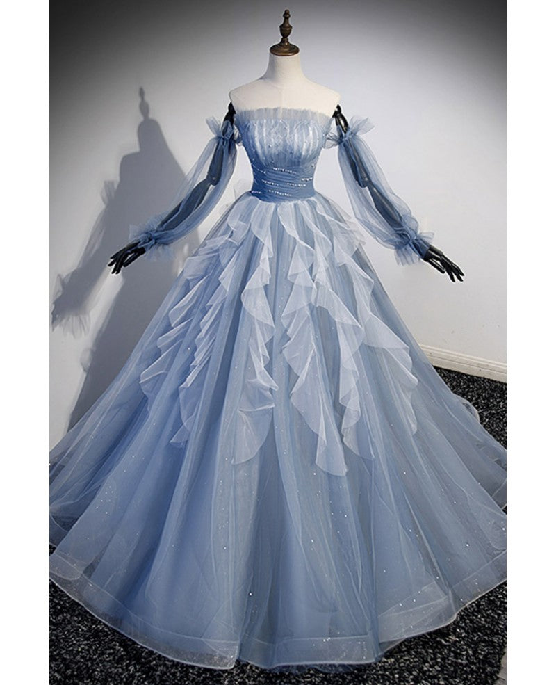 Robe de bal à manches courtes et épaules dénudées en paillettes bleu ciel à la mode et élégante, robe de soirée bleu ciel A-line/princesse sans bretelles dans le dos, dos ouvert et longueur au sol