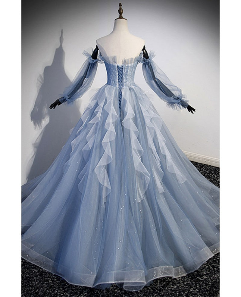 Robe de bal à manches courtes et épaules dénudées en paillettes bleu ciel à la mode et élégante, robe de soirée bleu ciel A-line/princesse sans bretelles dans le dos, dos ouvert et longueur au sol