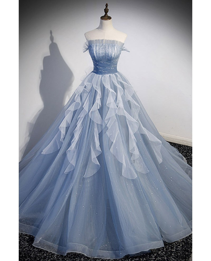 Robe de bal à manches courtes et épaules dénudées en paillettes bleu ciel à la mode et élégante, robe de soirée bleu ciel A-line/princesse sans bretelles dans le dos, dos ouvert et longueur au sol
