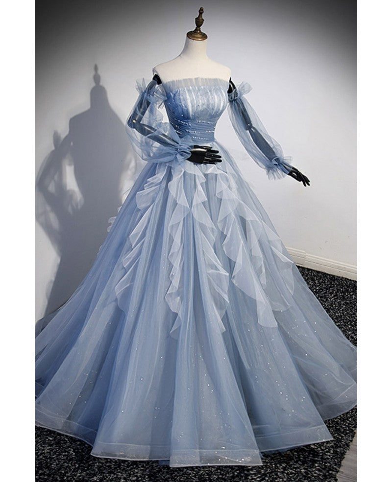 Robe de bal à manches courtes et épaules dénudées en paillettes bleu ciel à la mode et élégante, robe de soirée bleu ciel A-line/princesse sans bretelles dans le dos, dos ouvert et longueur au sol