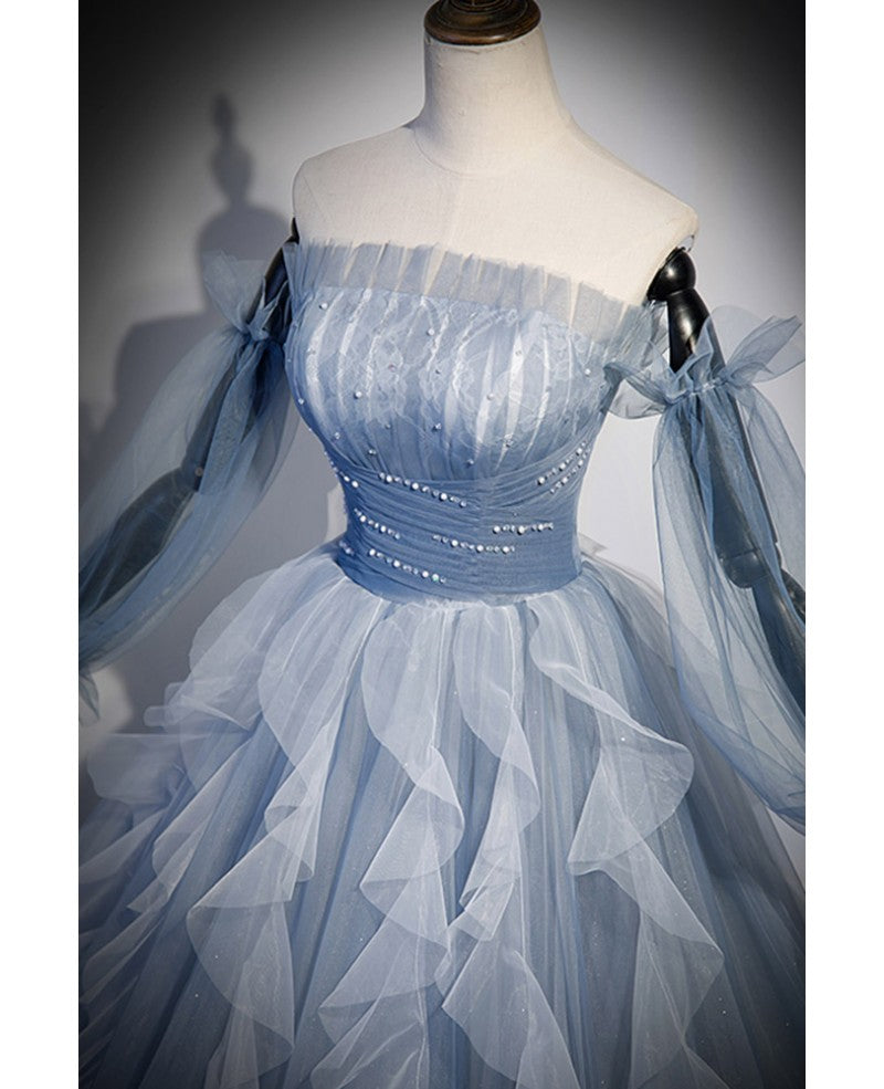 Robe de bal à manches courtes et épaules dénudées en paillettes bleu ciel à la mode et élégante, robe de soirée bleu ciel A-line/princesse sans bretelles dans le dos, dos ouvert et longueur au sol