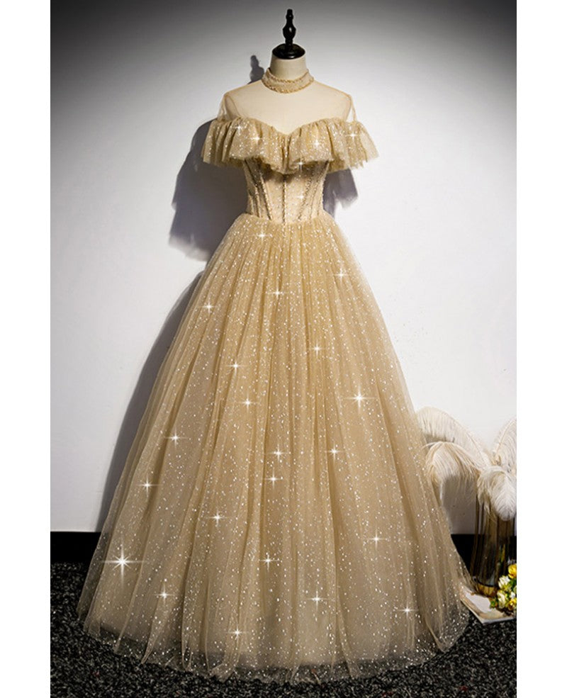 Retro/Retro Champagner Gold Perspektive Stehkragen Perlenbesetzte kurze Ärmel Pailletten Transparentes Tanzkleid A-Linie/Prinzessin bis zum Boden/Langes Abendkleid mit Rüschensaum und offenem Rücken