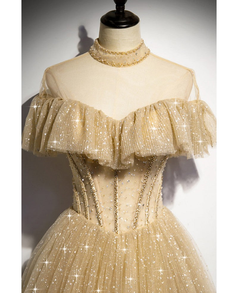 Retro/Retro Champagner Gold Perspektive Stehkragen Perlenbesetzte kurze Ärmel Pailletten Transparentes Tanzkleid A-Linie/Prinzessin bis zum Boden/Langes Abendkleid mit Rüschensaum und offenem Rücken