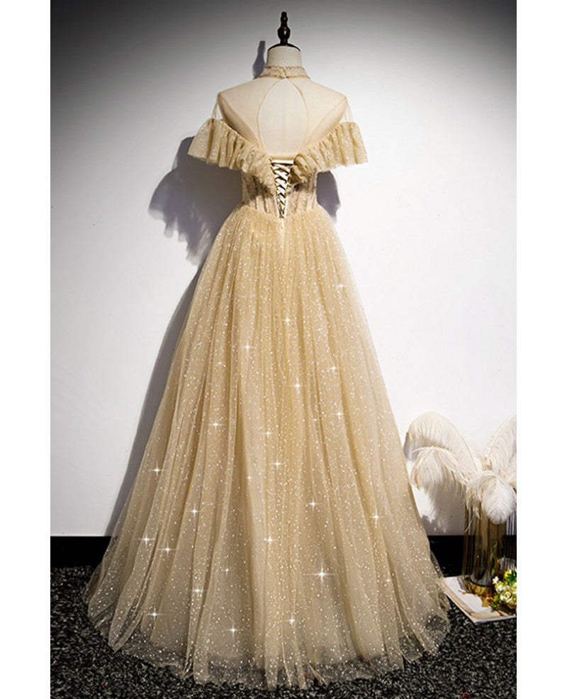 Retro/Retro Champagner Gold Perspektive Stehkragen Perlenbesetzte kurze Ärmel Pailletten Transparentes Tanzkleid A-Linie/Prinzessin bis zum Boden/Langes Abendkleid mit Rüschensaum und offenem Rücken
