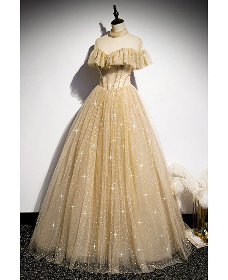 Retro/Retro Champagner Gold Perspektive Stehkragen Perlenbesetzte kurze Ärmel Pailletten Transparentes Tanzkleid A-Linie/Prinzessin bis zum Boden/Langes Abendkleid mit Rüschensaum und offenem Rücken