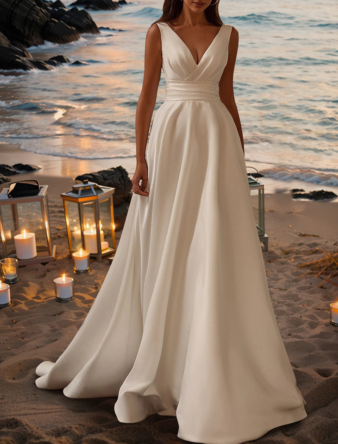 Robes de mariée simples de plage, coupe trapèze, col en V, sans manches, traîne courte, en satin, avec plis et fronces