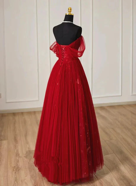Wunderschönes weinrotes Tüll Sweetheart Off Shoulder Ballkleid, weinrotes langes Partykleid