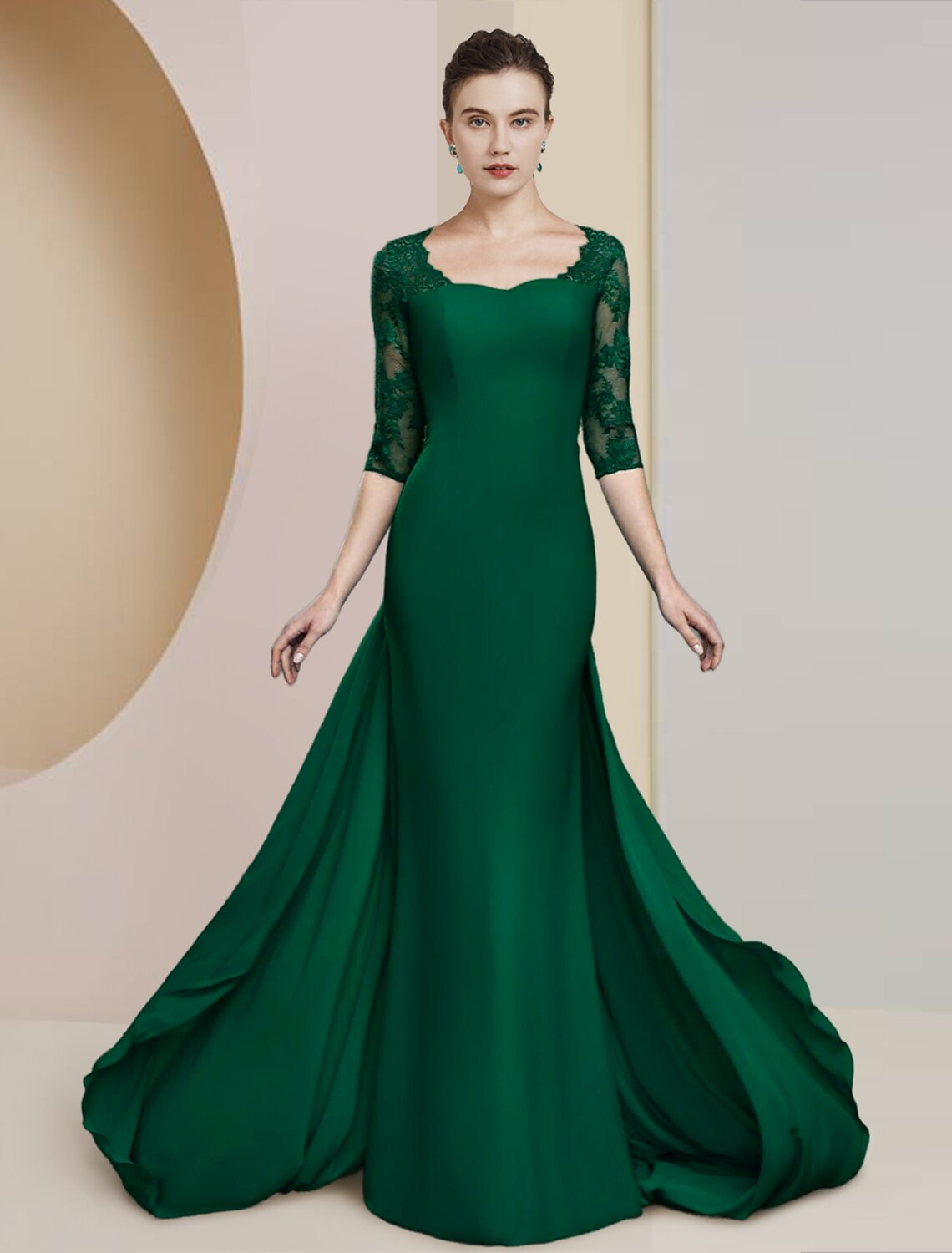 Etuikleid/Säulenkleid für die Brautmutter, formeller Hochzeitsgast, elegant, Rundhalsausschnitt, bodenlang, Chiffon, Spitze, halbe Ärmel mit Applikationen