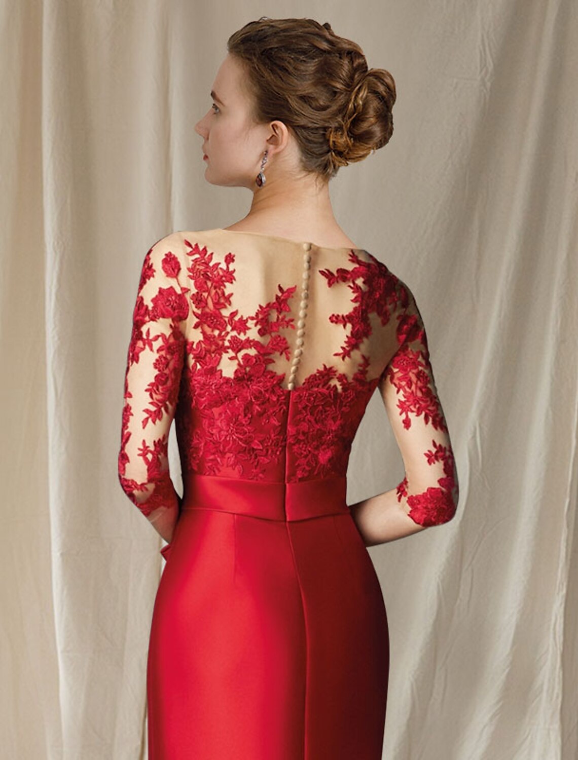 Meerjungfrau/Trompete Kleid für die Brautmutter, elegant, Übergröße, Rundhalsausschnitt, bodenlang, Satin, Spitze, halbe Ärmel, mit Schleifenapplikationen