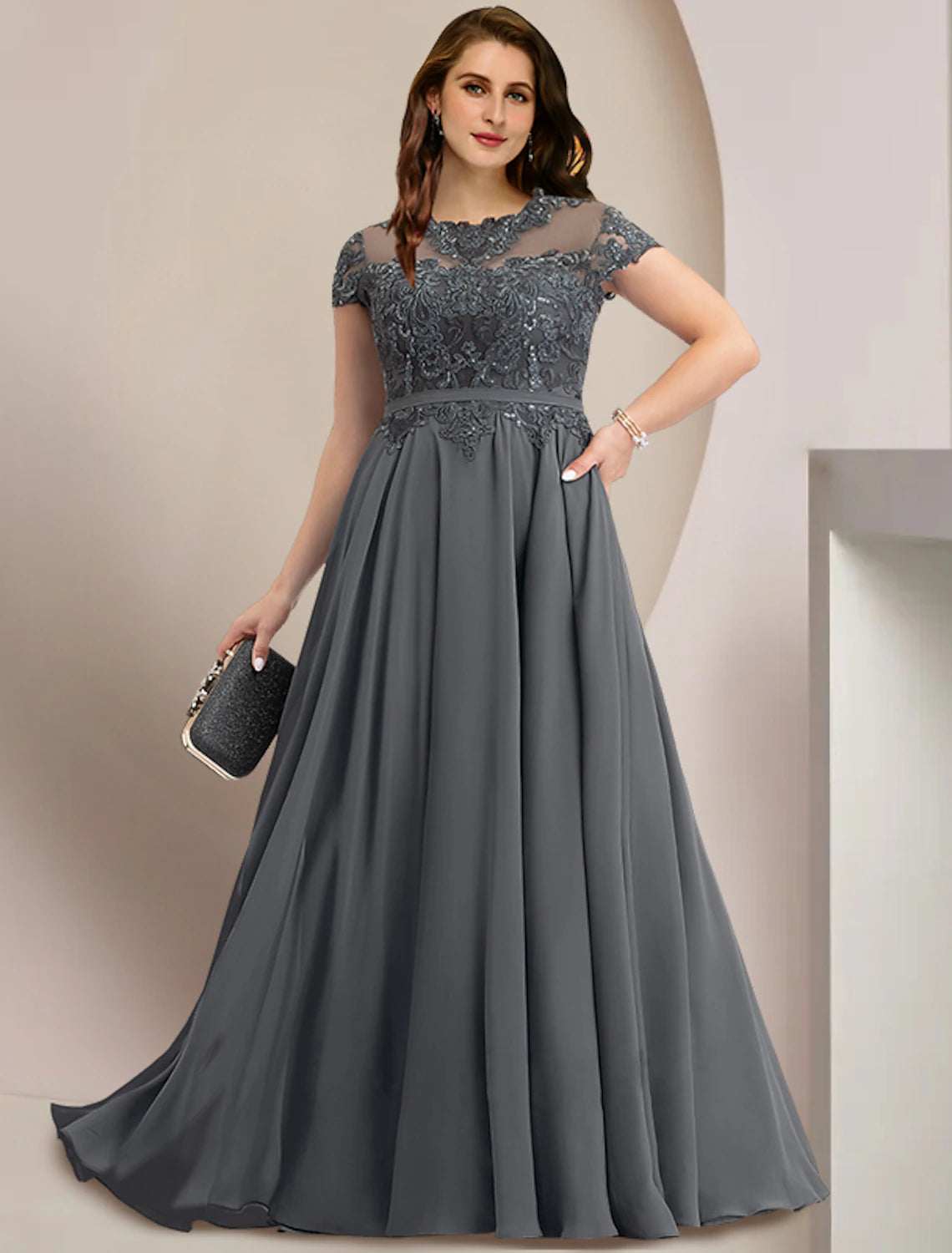 Plus Size Curve Kleid für die Brautmutter, Hochzeitsgast, elegant, Party, Rundhalsausschnitt, bodenlang, Chiffon, Spitze, kurze Ärmel mit Falten, Pailletten