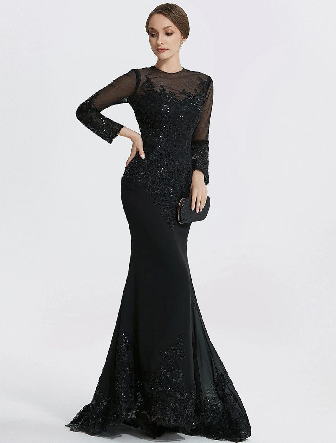 Meerjungfrau/Trompete Etuikleid/Säule Abendkleid Elegantes Kleid Formale Bodenlange Langarm Schmuckhals Spitze mit Applikationen