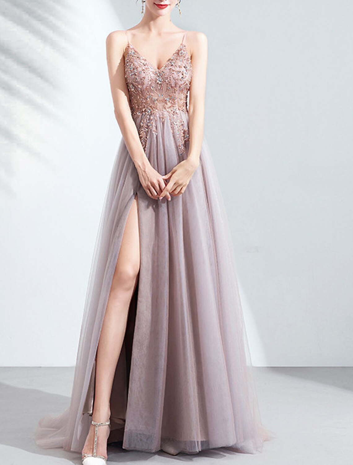 rosa Kleid Braut Hochzeit Toast Kleid Abendessen Jahrestreffen Sling leichtes Garn Laufsteg hochgeschlitztes Hochzeitsabendkleid