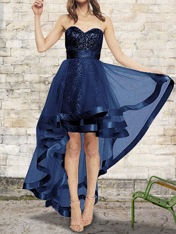 A-Line/Princess Sleeveless Sweetheart Asymmetrical Sequin Tulle Dresses