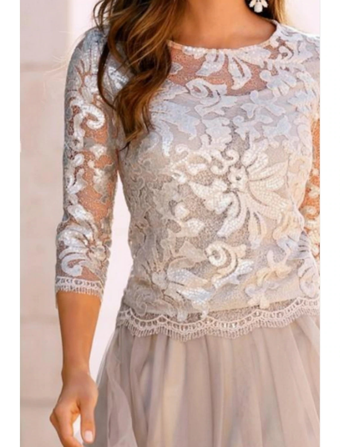 A-Linien-Kleid für die Mutter der Braut, Hochzeitsgast, elegant, durchsichtig, Rundhalsausschnitt, knielang, Chiffon, Spitze, Tüll, 3/4-Ärmel mit Faltenapplikationen