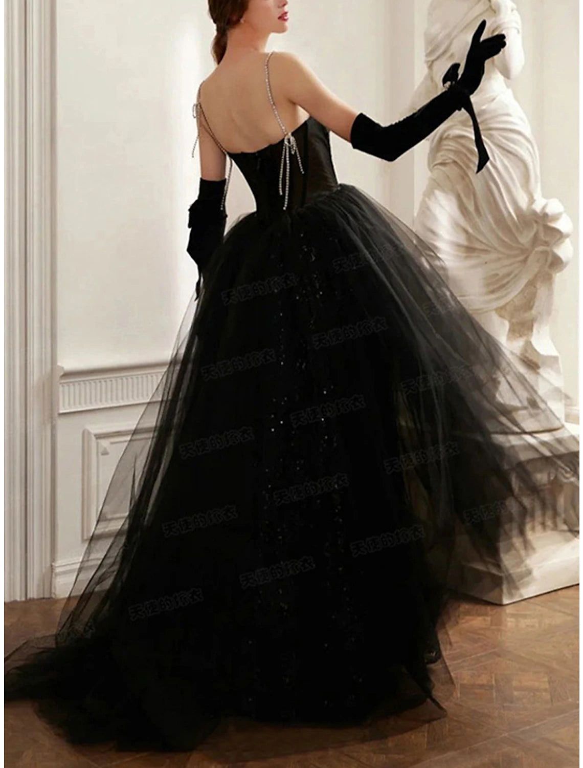A-Linien-Abendkleid, schwarzes Kleid, Glitzer- und Glanzkleid, Abschlussball-Fotoshooting, bodenlang, ärmellos, trägerlos, mit Pailletten