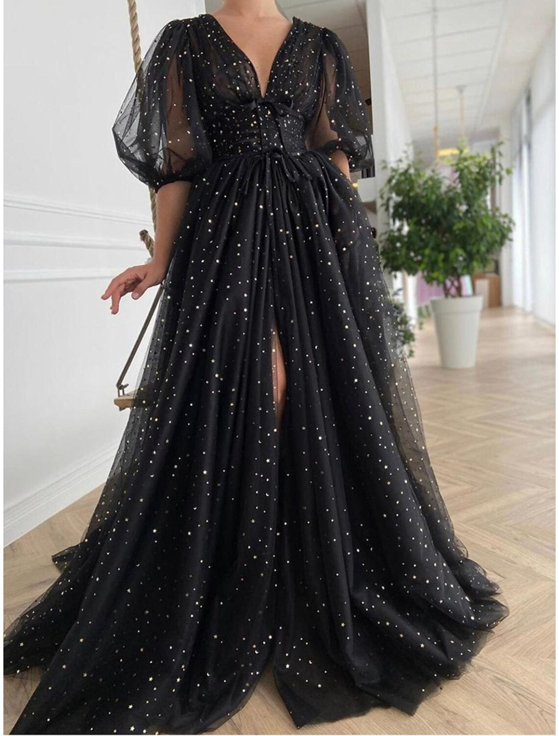 A-Line Prom Dresses Elegant Dress Wedding Guest Prom Court Train Half Sleeve V Neck Wednesday Addams Family Tulle V Back with Bow(s)