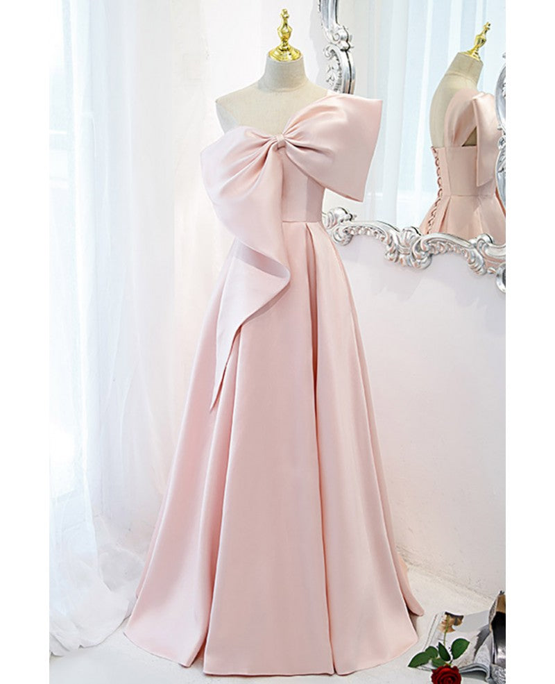 Belle robe de danse en satin rose à une épaule avec nœud, robe de soirée rose sans manches et longue au sol