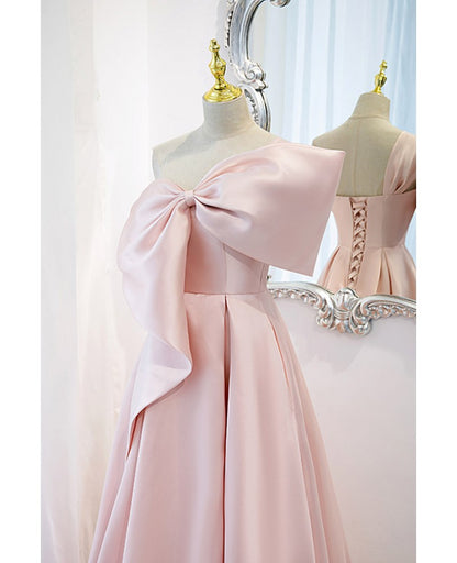 Beautiful pink satin single shoulder bow dance dress, pink sleeveless backless and floor length evening dress