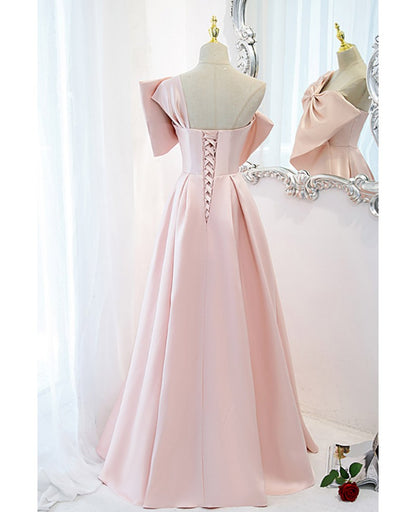 Beautiful pink satin single shoulder bow dance dress, pink sleeveless backless and floor length evening dress