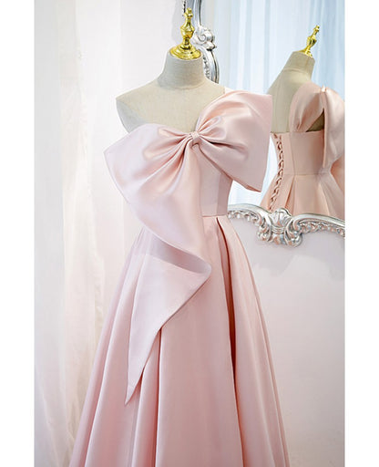 Beautiful pink satin single shoulder bow dance dress, pink sleeveless backless and floor length evening dress