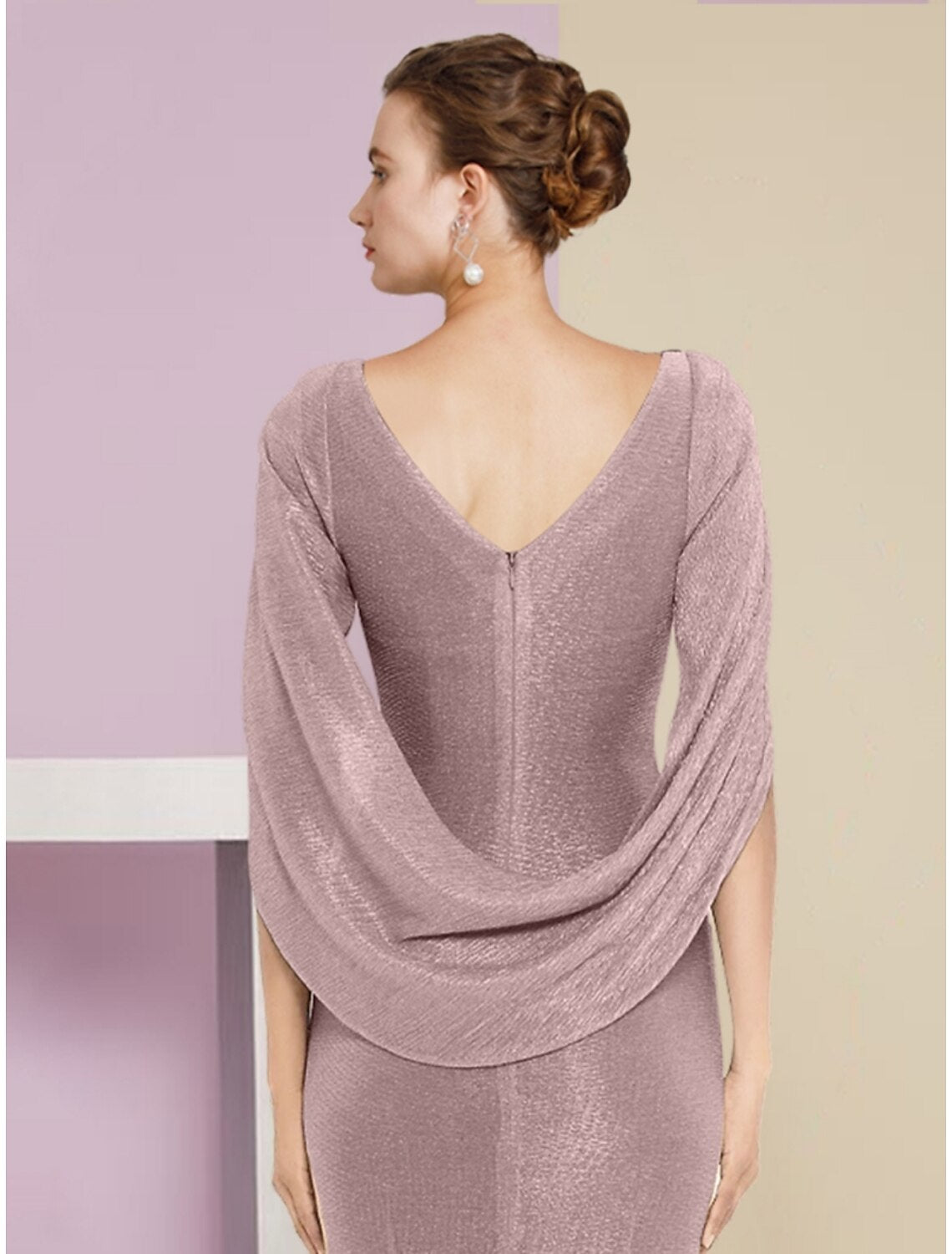 Meerjungfrau/Trompete Kleid für die Brautmutter, Hochzeitsgast, Glitzer und Glanz, elegant, Rundhalsausschnitt, knöchellang, Chiffon, halbe Ärmel, mit Pailletten, Rüschen, einfarbig