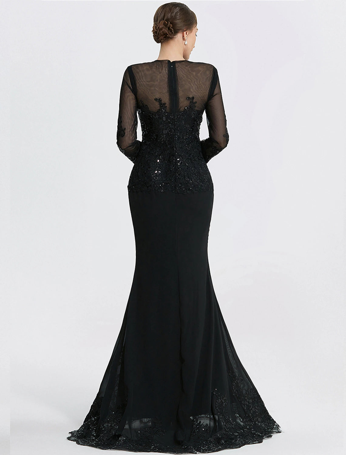 Meerjungfrau/Trompete Etuikleid/Säule Abendkleid Elegantes Kleid Formale Bodenlange Langarm Schmuckhals Spitze mit Applikationen