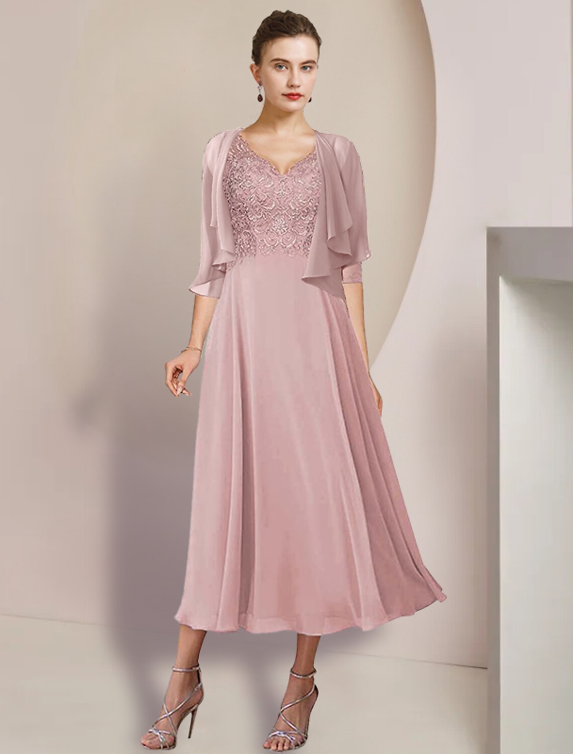 Zweiteiliges A-Linien-Kleid für die Mutter der Braut, formelle Hochzeitsgäste, eleganter V-Ausschnitt, knielang, Chiffon-Spitze, 3/4-Ärmel, Wickelkleid inklusive Applikationen