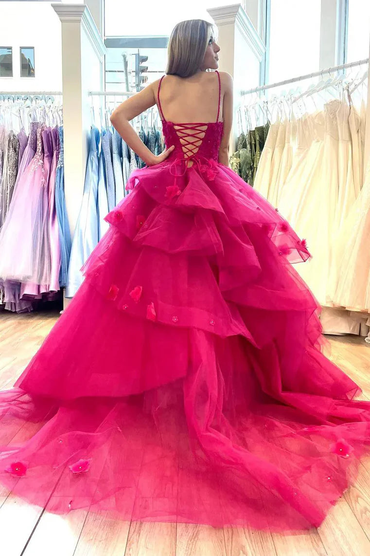 Fuchsia Ball Gown Sweetheart Spaghetti Strap Lace Up Back Tiered Prom Dress
