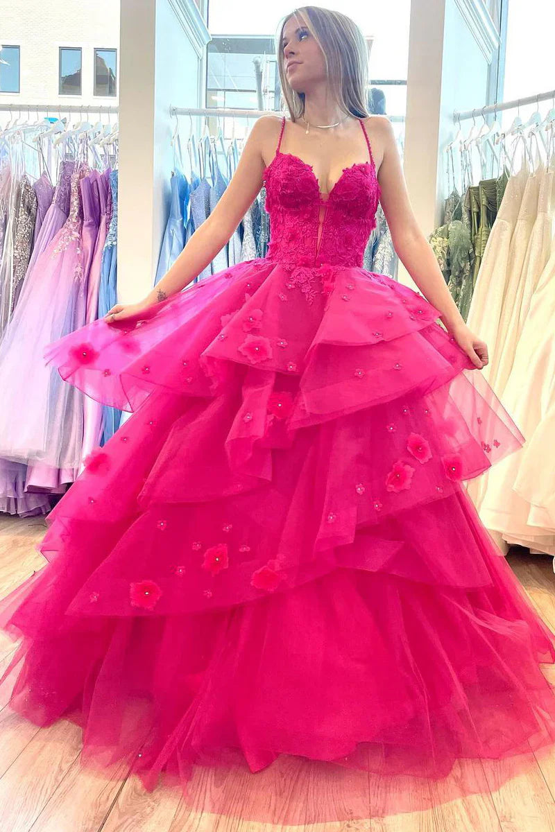 Fuchsia Ball Gown Sweetheart Spaghetti Strap Lace Up Back Tiered Prom Dress