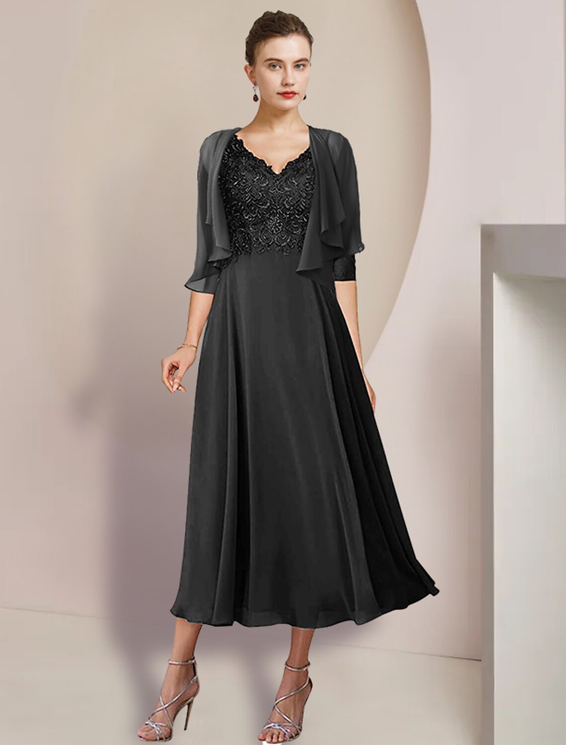 Zweiteiliges A-Linien-Kleid für die Mutter der Braut, formelle Hochzeitsgäste, eleganter V-Ausschnitt, knielang, Chiffon-Spitze, 3/4-Ärmel, Wickelkleid inklusive Applikationen