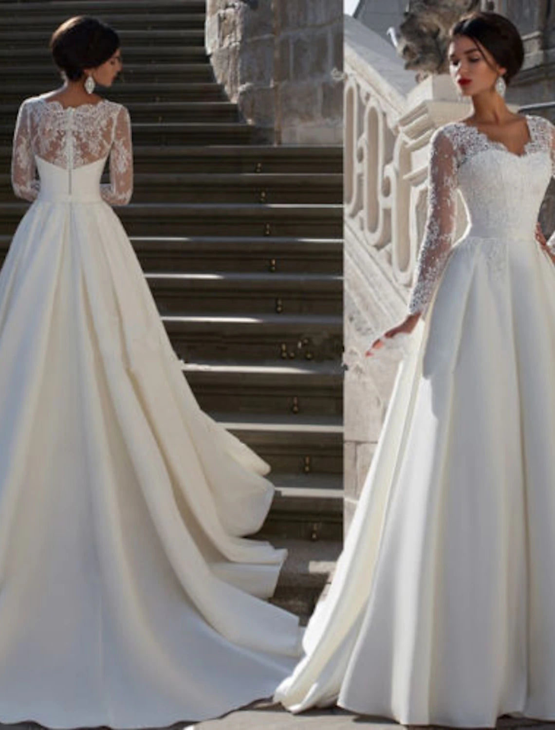 Robes de mariée de fiançailles formelles, coupe trapèze, col en V, manches longues, traîne courte, en satin, avec appliques