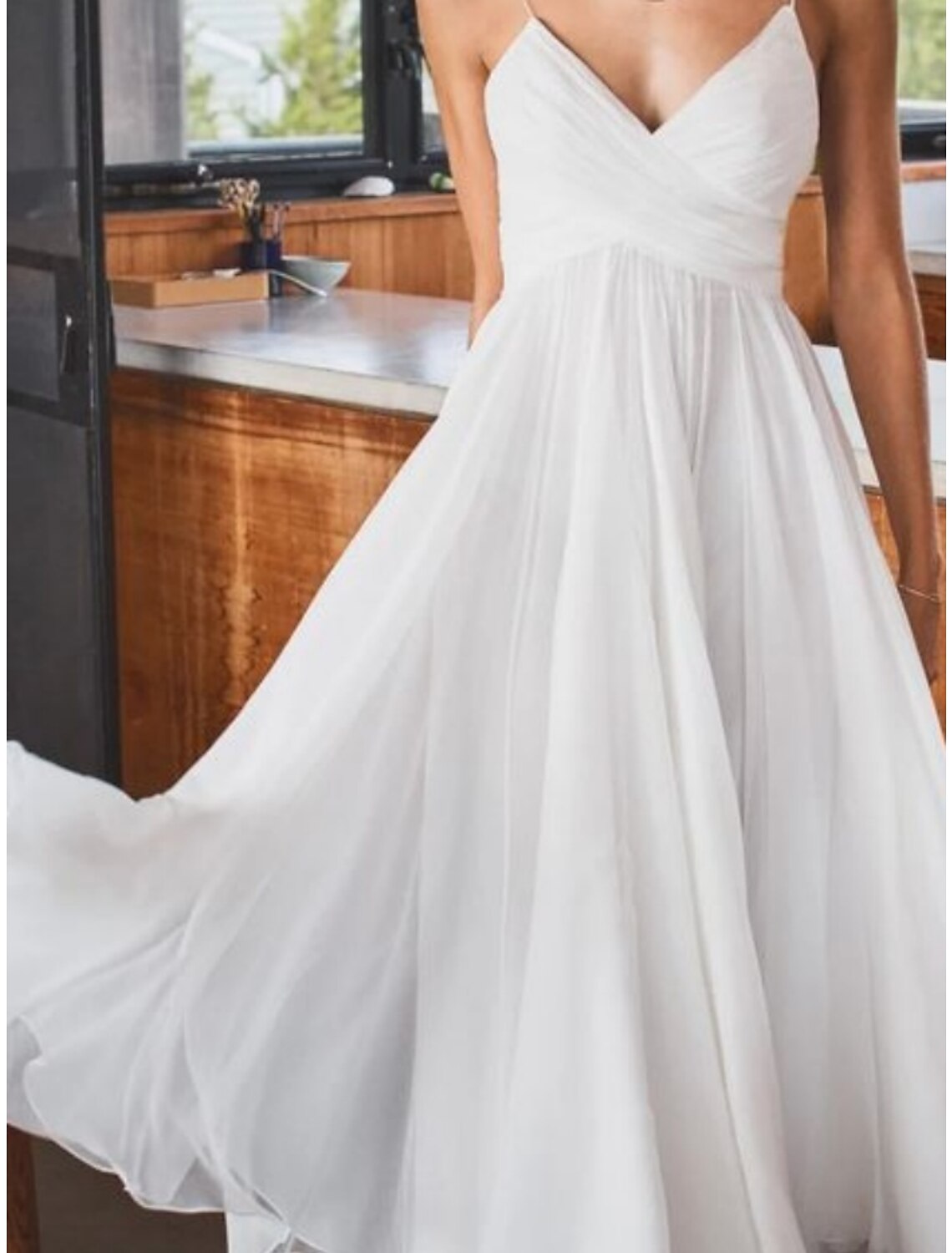 Einfache Brautkleider Brautkleider A-Linie V-Ausschnitt Langarm Tee Länge Chiffon Brautkleider Mit Falten Einfarbig