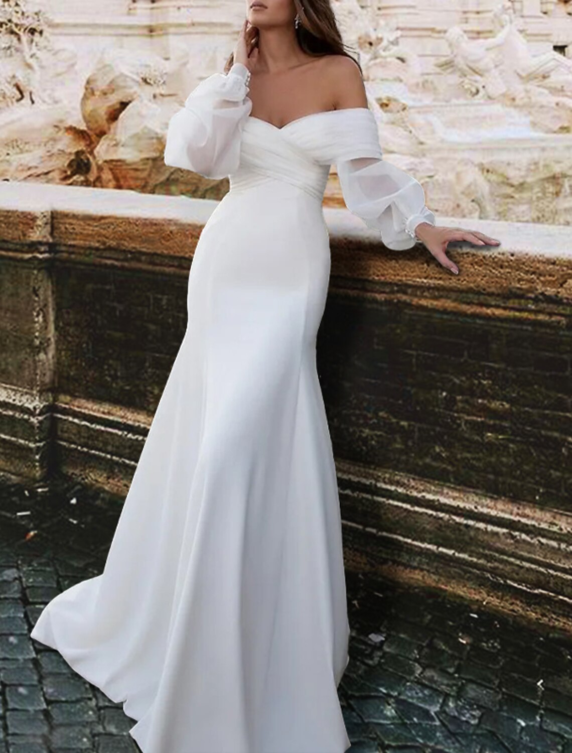 Empfang Einfache Brautkleider Meerjungfrau/Trompete Schulterfrei Langarm Sweep/Pinsel Zug Satin Brautkleider Mit Rüschen