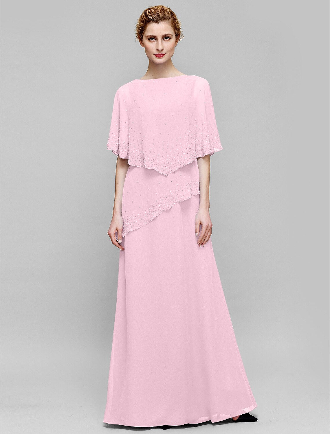 Etuikleid/Säulenkleid für die Brautmutter, elegant, U-Boot-Ausschnitt, bodenlang, Chiffon, ärmellos, mit Perlenstickerei