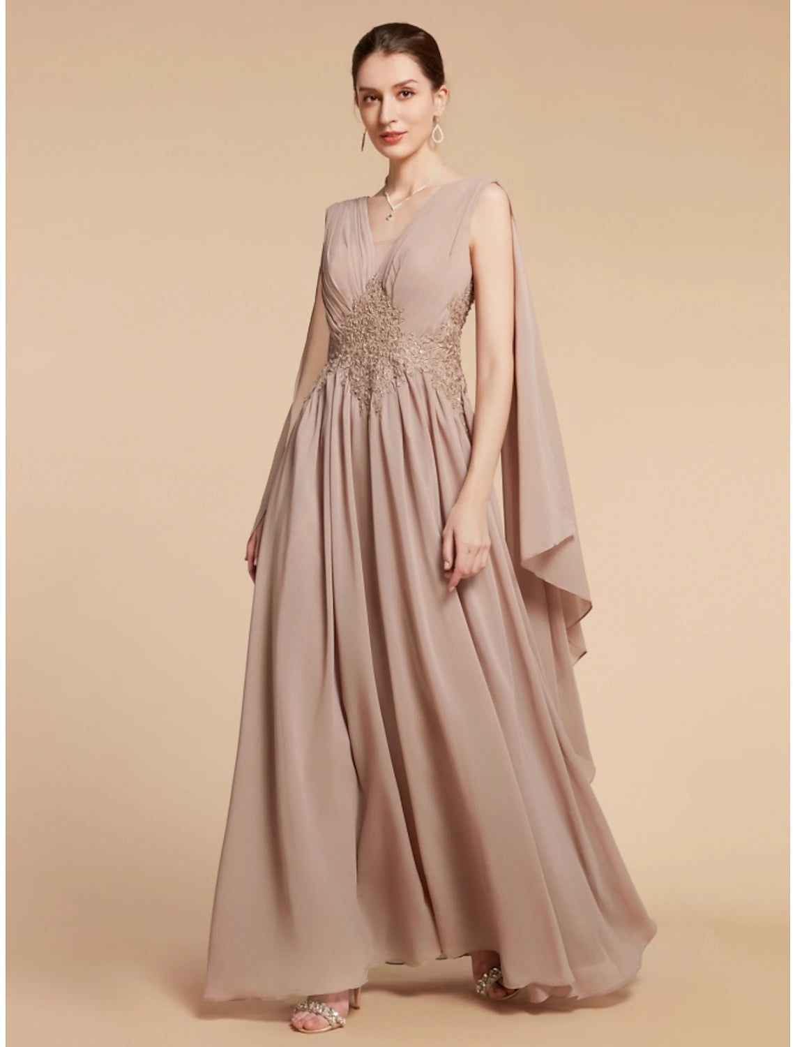A-Linie Kleid für die Brautmutter, Hochzeitsgast, elegant, V-Ausschnitt, knöchellang, Chiffon, Spitze, ärmellos, mit Rüschen, einfarbig