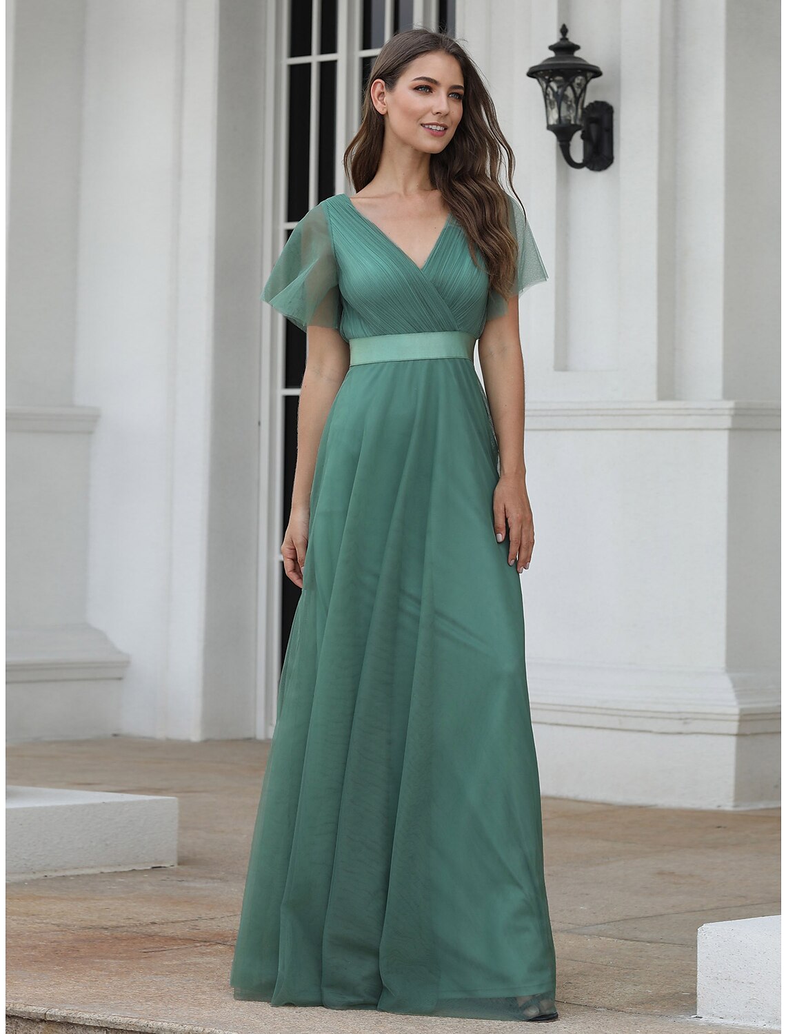A-Linie Empire-Kleid für Hochzeitsgäste, Ballkleid, V-Ausschnitt, V-Rücken, kurze Ärmel, bodenlang, Chiffon mit Falten, gerüscht