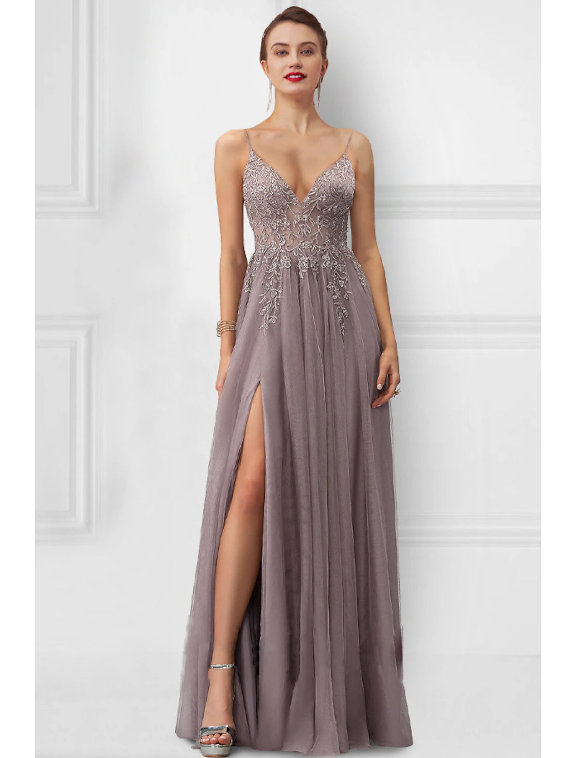 Robe de bal trapèze à fleurs, tenue de soirée, longueur au sol, sans manches, bretelles spaghetti, tulle avec fente