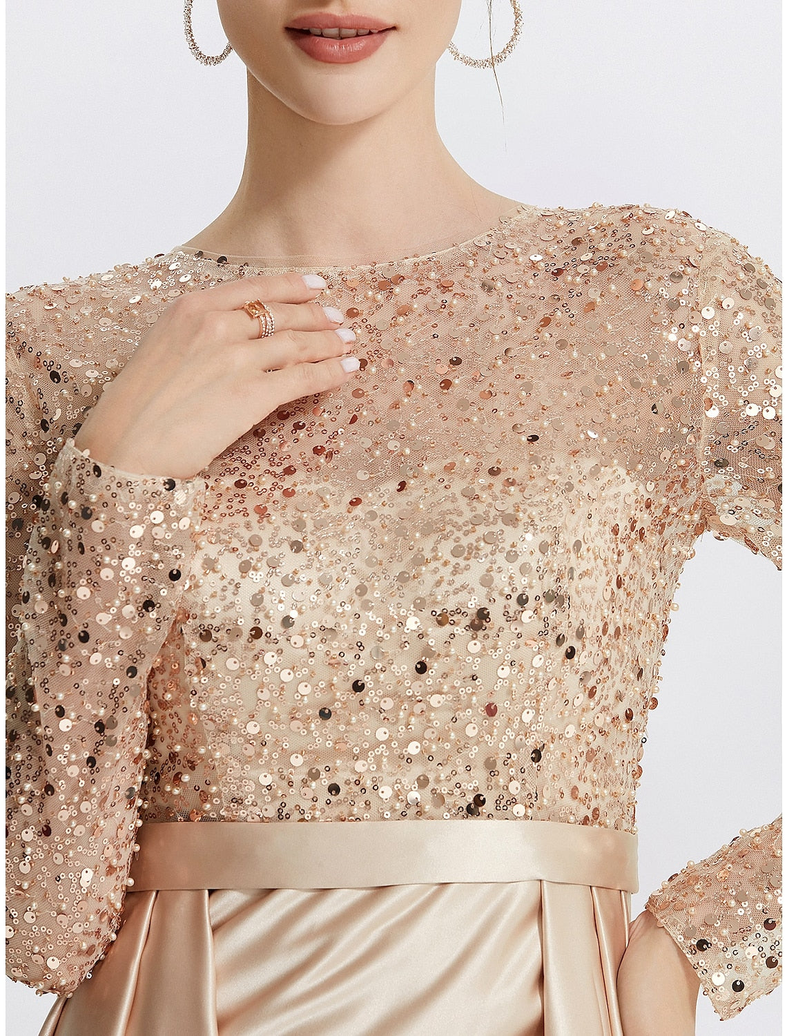Meerjungfrau/Trompete Abendkleid Elegantes Kleid Formeller Abschlussball Bodenlang Langarm Rundhalsausschnitt Pailletten mit Glitzerpailletten