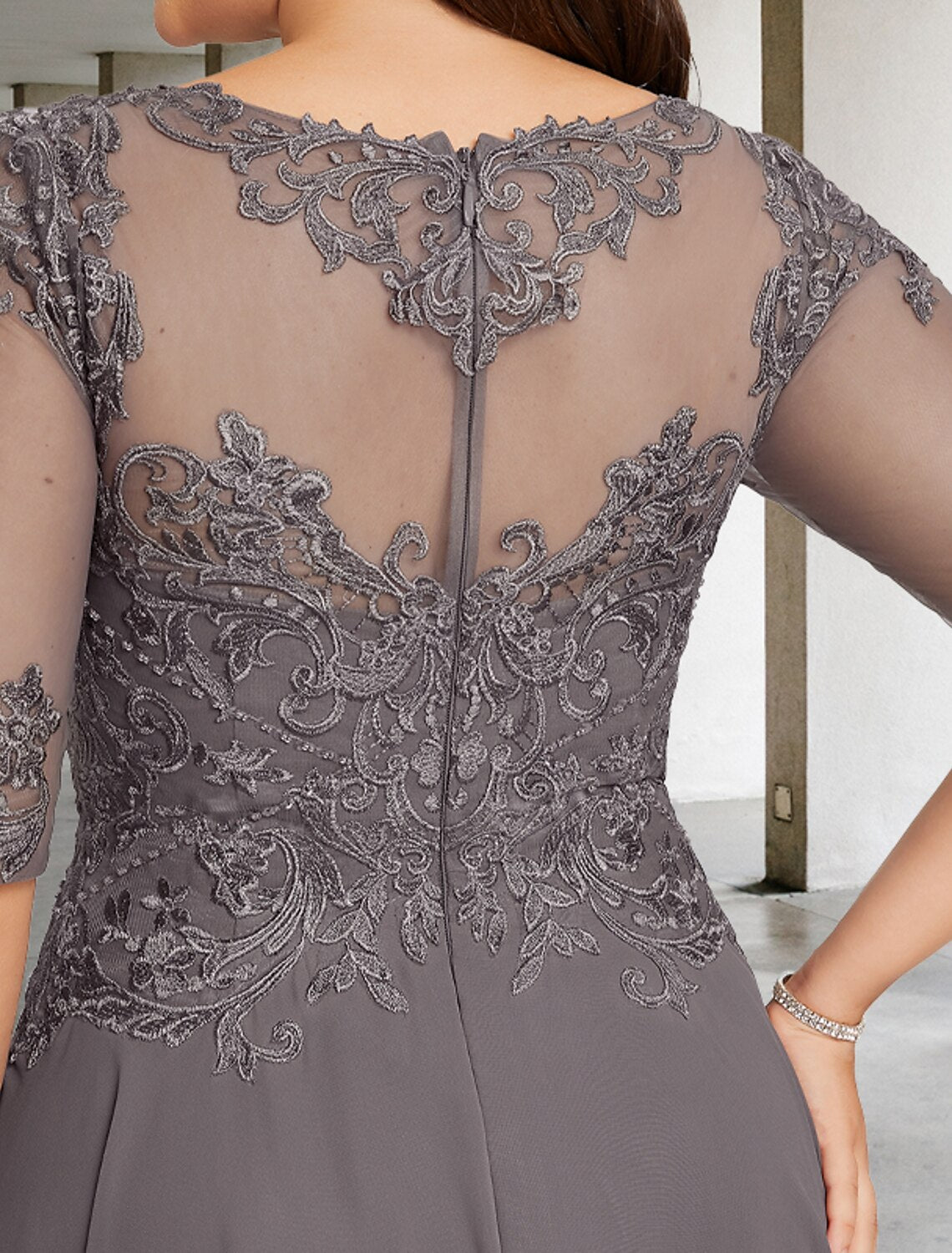A-Line Plus Size Curve Mother of the Bride Dresses Elegant Dress Formal Wedding Guest Asymmetrical Half Sleeve Jewel Neck Chiffon with Beading Appliques
