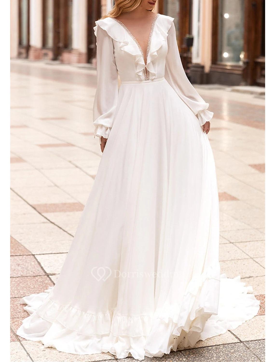 Hall Casual Brautkleider A-Linie V-Ausschnitt Langarm Sweep / Pinsel Schleppe Chiffon Brautkleider mit Volltonfarbe