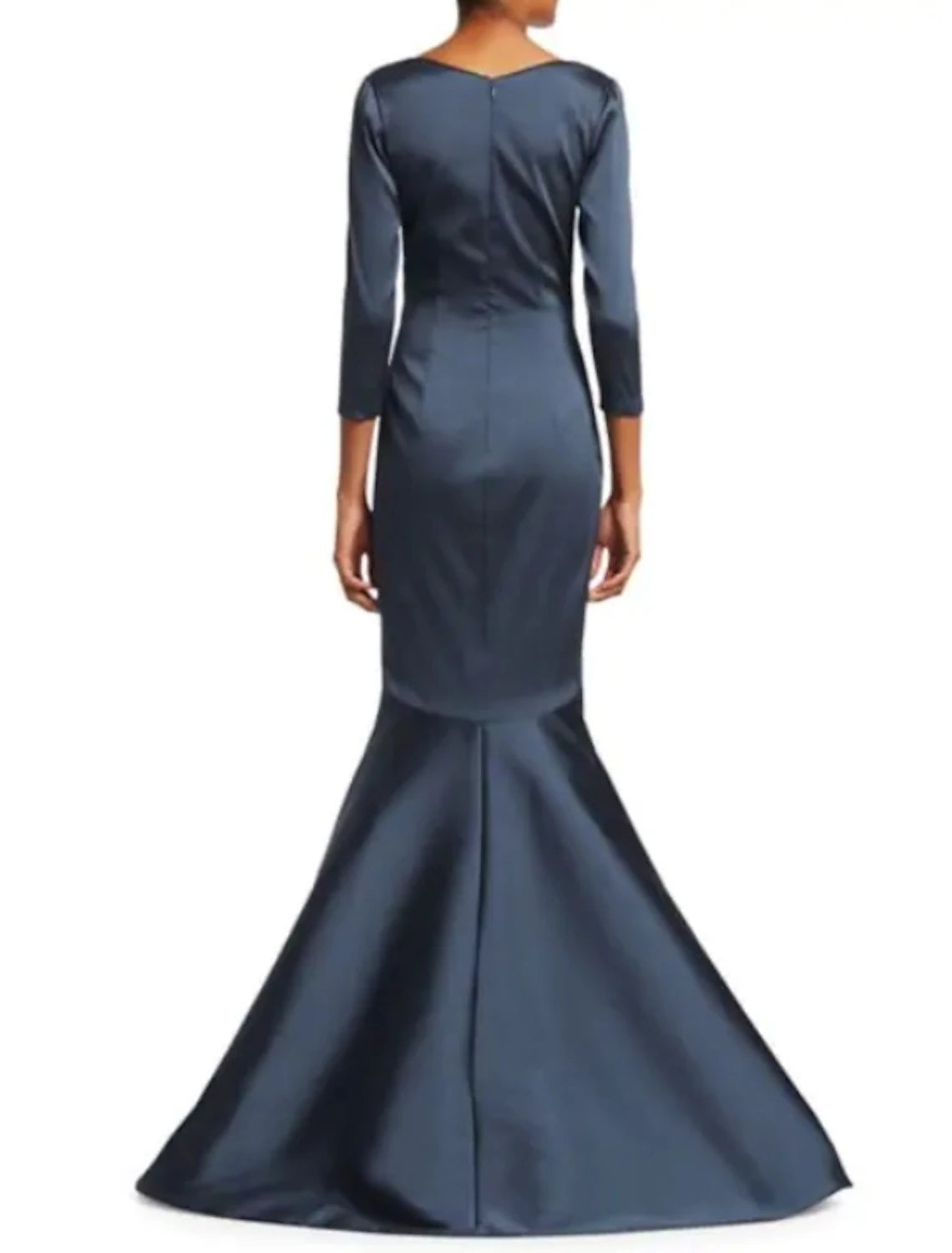Meerjungfrau/Trompete Kleid für die Brautmutter, elegant, tiefer Ausschnitt, Schleppe, Satin, 3/4-Ärmel mit Rüschen